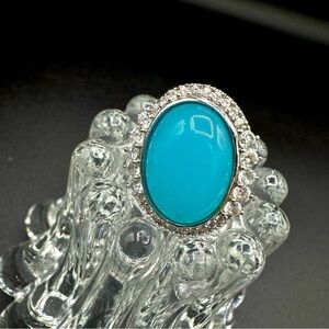 Oval Milky Blue Chalcedony and Faux Diamond CZ Ring Signed N 925